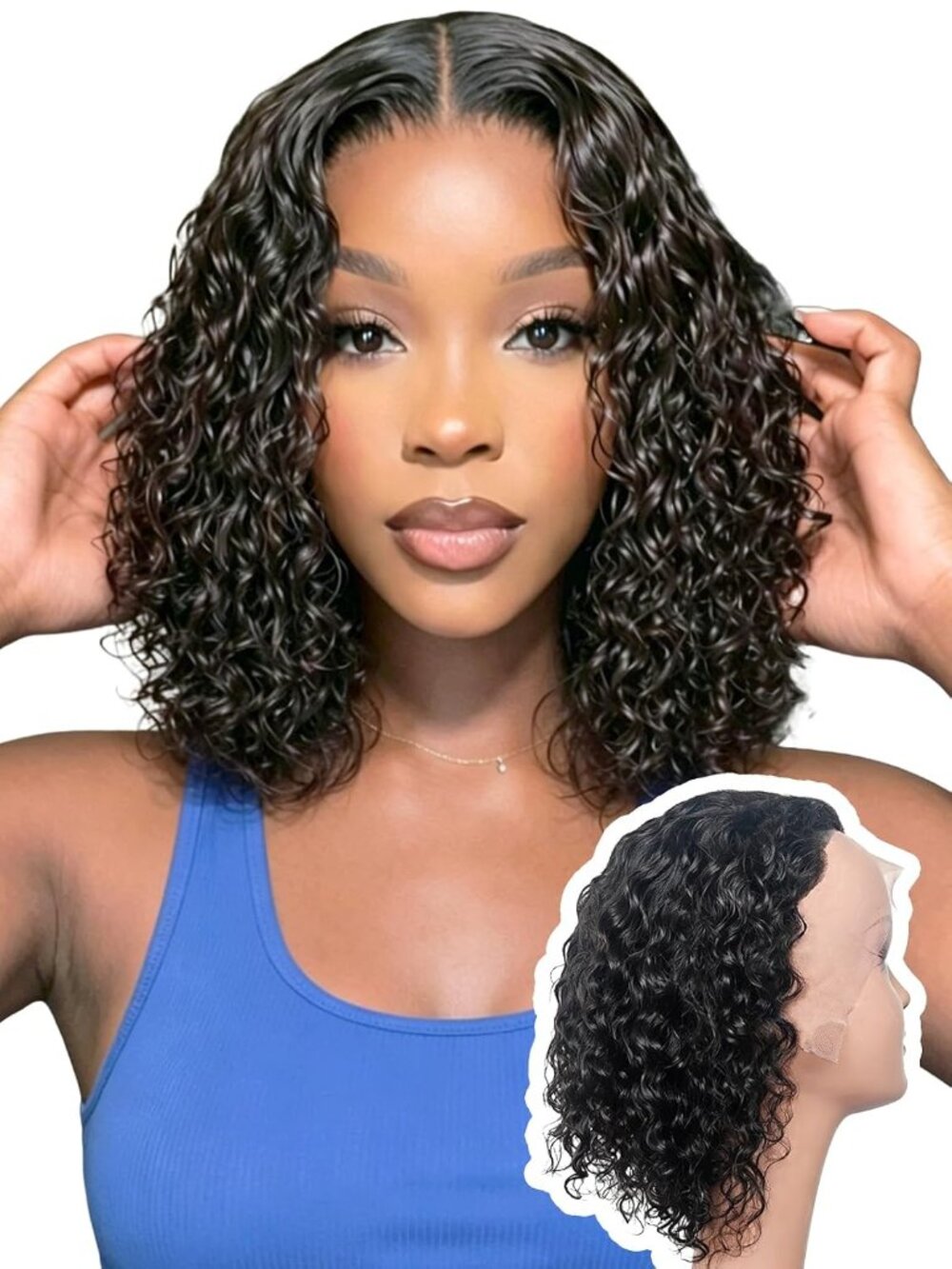 Women's Natural Black Heat Resistant Glue Less Lace Front Curly Bob Wig Bangs